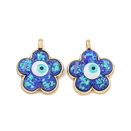 Translucent Evil Eye Resin Pendants, Rack Plating Brass Flower Charms with Gold Foil, Real 18K Gold Plated, Long-Lasting Plated, Cadmium Free & Lead Free, Steel Blue, 17x14x5.5mm, Hole: 1.5mm(KK-M219-22G-07)