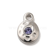 304 Stainless Steel Glass Pendants, Flat Round, Stainless Steel Color, Lilac, 9x6x2.5mm, Hole: 1.8mm(STAS-B074-02P-02)