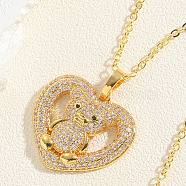 Real 14K Gold Plated Brass Cubic Zircon Pendant Necklace for Women, Heart with Bear, Clear, 17.72 inch(45cm)(PW-WG32719-01)