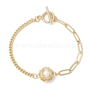 Natural Cultured Freshwater Pearl Bead Macrame Pouch Link Bracelets, Brass Paperclip Chains Twisted Chain Bracelets for Women, Golden, 7-3/8 inch(18.8cm)(BJEW-JB10229)