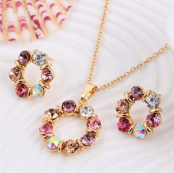 Ring Alloy Rhinestone Pendant Necklace & Stud Earrings Sets, Golden, 475mm(WG4EA96-02)