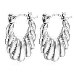 Vintage Retro Stainless Steel Shrimp-textured Oval Hoop Earrings for Women, Stainless Steel Color, 20x16.8mm(PW-WGBCD6B-02)