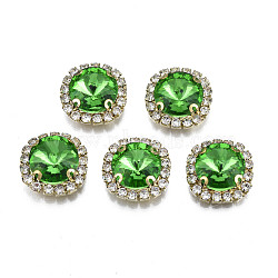 Sew on Rhinestone, Transparent Glass Rhinestone, with Brass Prong Settings, Faceted, Square, Peridot, 17x17x8mm, Hole: 1mm(RGLA-S030-05-B04)