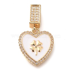 Brass Micro Pave Cubic Zirconia Pendants, with Enamel, Heart with Four Leaf Clover Charms, White, 37mm, Hole: 7X4mm(KK-S049-28G-02)