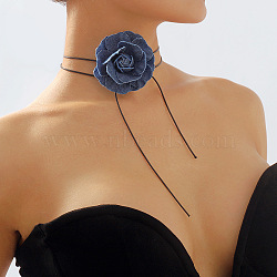 Denim Rose Flower Lace-up Choker Necklaces for Women, Steel Blue, 40.16 inch(102cm)(FS-WG56290-01)