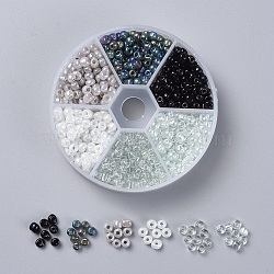 60g 6 Color 6/0 Glass Seed Beads, Opaque & Transparent Colours Rainbow & Ceylon & Transparent & Trans. Colours Lustered Beads, Round, Black and White, Hole: 1~1.5mm, 10g/color(SEED-YW0001-90-4mm)