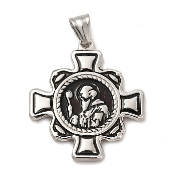 304 Stainless Steel Religion Big Pendants, Saint Benedict of Nursia Maltese Cross Charms, with Black Enamel, Stainless Steel Color, 40x36x3mm, Hole: 8.5x4mm