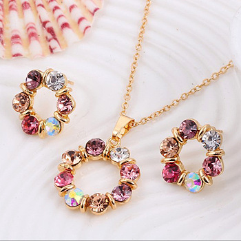 Ring Alloy Rhinestone Pendant Necklace & Stud Earrings Sets, Golden, 475mm