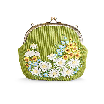 SHEGRACE Corduroy Women Evening Bag, with Embroidered Milk Cotton Flowers, Alloy Flower Purse Frame Handle, Alloy Twisted Curb Chain, Green Yellow, 240x240mm