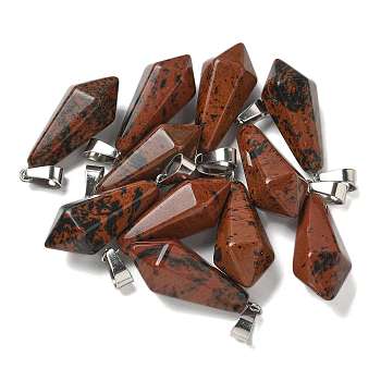 Natural Mahogany Obsidian Pointed Pendants, Faceted Bullet Shape Charms with 201 Stainless Steel Snap on Bails, Stainless Steel Color, 27~30.5x13x13mm, Hole: 4x7mm