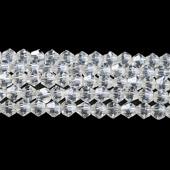 Transparent Electroplate Glass Beads Strands, Pearl Luster Plated, Faceted, Bicone, Clear, 2.9~3.3x2.5mm, Hole: 0.7mm, about 145~150pcs/strand, 16.34~16.54 inch(41.5~42cm)