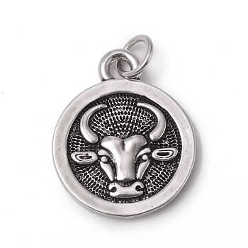 Brass Pendants, with Jump Rings, Long-Lasting Plated, Flat Round with 12 Constellation/Zodiac Sign, Antique Silver, Taurus, 18.5x15x2mm, Jump Ring: 5x0.7mm, Inner Diameter: 3.6mm