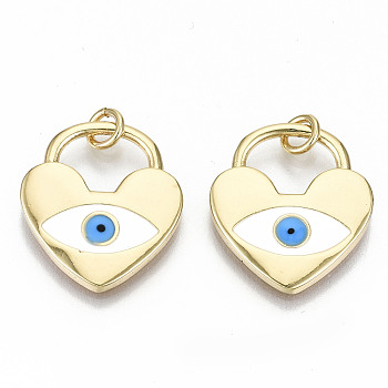 Brass Pendants, with Jump Rings and Colorful Enamel, Nickel Free, Heart Lock with Evil Eye, Real 16K Gold Plated, 20x18x2mm, Jump Ring: 5x1mm, 3mm inner diameter