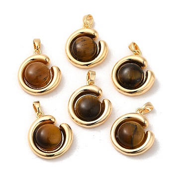 Natural Tiger Eye Pendants, Brass Half Round Charms, Real 18K Gold Plated, 19x16x6mm, Hole: 4x3mm