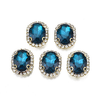 Sew on Rhinestone, Transparent Glass Rhinestone, with Brass Prong Settings, Faceted, Oval, Marine Blue, 22x17x7mm, Hole: 0.9mm