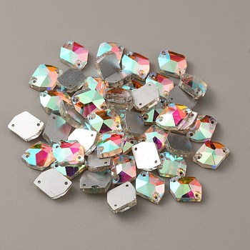 Sew on Rhinestones, Glass Rhinestone, 2-Holes Links, Garments Accessories, Irregular Rhombus, Crystal AB, 12.5x10x4mm, Hole: 0.9mm