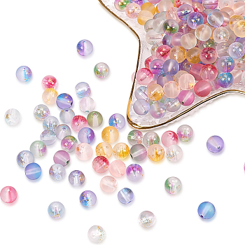 Frosted Spray Painted Glass Beads Strands, with Golden Foil, Round, Mixed Color, 8~9mm, Hole: 1.2~1.5mm, about 46~56pcs/Strand, 14.37 inch~16.3 inch(36.5~41.4cm), 7 colors, 1strand/color, 7strands/set