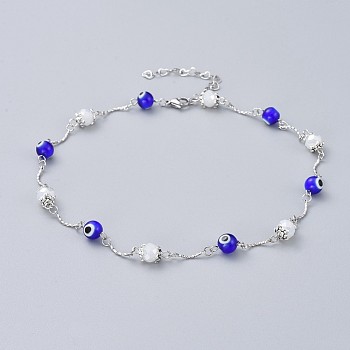 Dual-use Items, Evil Eye Beaded Necklaces/Wrap Bracelets, with Faceted Glass, Handmade Lampwork Beads and Brass Bar Link, 304 Stainless Steel Findings, White, 14.7 inch(37.5cm)