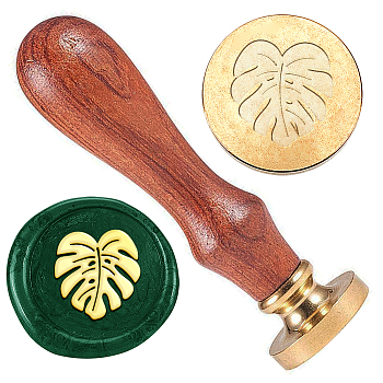 Wax Seal Stamp Set, Golden Tone Sealing Wax Stamp Solid Brass Head, with Retro Wood Handle, for Envelopes Invitations, Gift Card, Leaf, 83x22mm, Stamps: 25x14.5mm