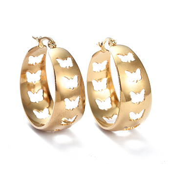 201 Stainless Steel Thick Hoop Earrings, with 304 Stainless Steel Pins, Hollow Butterfly, Golden, 32x28x12mm, Pin: 1.5mm