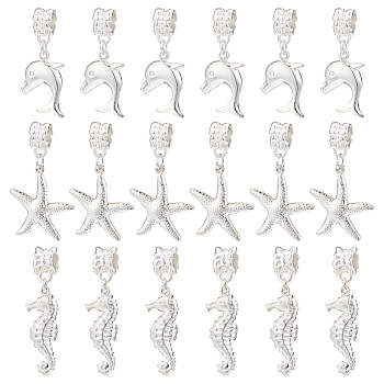 CHGCRAFT 42Pcs 3 Styles Alloy European Dangle Charms, Large Hole Pendant, Dolphin & Sea Horse & Starfish, Silver, Pendant: 21~27x11~20x2.5~4.5mm, Hole: 5mm, about 14pcs/style