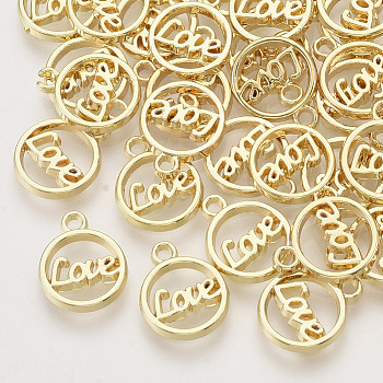 Alloy Charms, Flat Round with Word Love, Light Gold, 12x10x1.5mm, Hole: 1.4mm