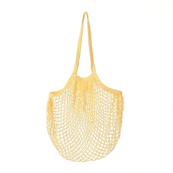 Portable Cotton Mesh Grocery Bags, Reusable Net Shopping Handbag, Yellow, 58.05cm, Bag: 35x38x1.8cm. 