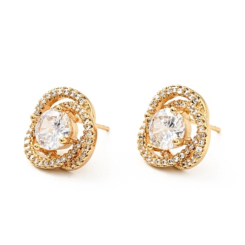 Clear Cubic Zirconia Knot Stud Earrings, Brass Jewelry for Women, Cadmium Free & Lead Free, Real 18K Gold Plated, 14x14.5x6.5mm, Pin: 0.8mm