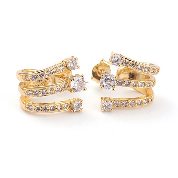 Brass Micro Pave Clear Cubic Zirconia Stud Earrings, Half Hoop Earrings, with Ear Nuts, Real 18K Gold Plated, 15x12mm, Pin: 0.8mm