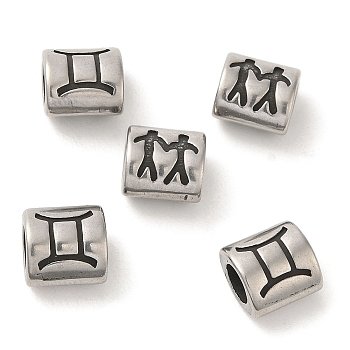 Oval with Constellation 304 Stainless Steel Beads, Large Hole Beads, Antique Silver, Gemini, 9x9x6mm, Hole: 4.5mm