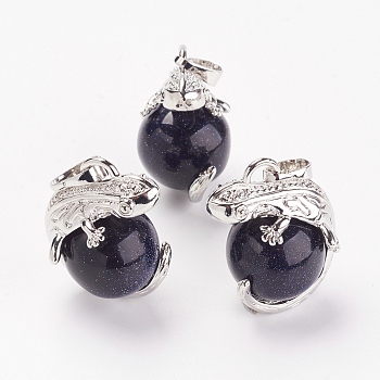 Synthetic Blue Goldstone Pendants, with Brass Findings, Lizard, Platinum, 28x20.5x16mm, Hole: 5x8mm