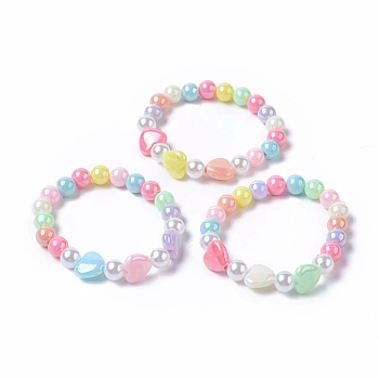 Kids Acrylic Beaded Stretch Bracelets, with Round Eco-Friendly Plastic Imitation Pearl and Heart AB Color Plated Opaque Acrylic, Mixed Color, 1-5/8 inch(4.3cm)