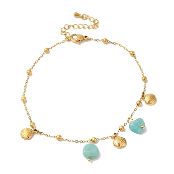 Summer Beach Nuggets Natural Amazonite & Ion Plating(IP) 304 Stainless Steel Charm Anklets for Women, Golden, Shell Shape, 8-3/4 inch(22.1cm)