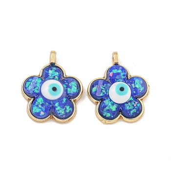 Translucent Evil Eye Resin Pendants, Rack Plating Brass Flower Charms with Gold Foil, Real 18K Gold Plated, Long-Lasting Plated, Cadmium Free & Lead Free, Steel Blue, 17x14x5.5mm, Hole: 1.5mm