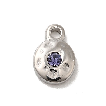 304 Stainless Steel Glass Pendants, Flat Round, Stainless Steel Color, Lilac, 9x6x2.5mm, Hole: 1.8mm