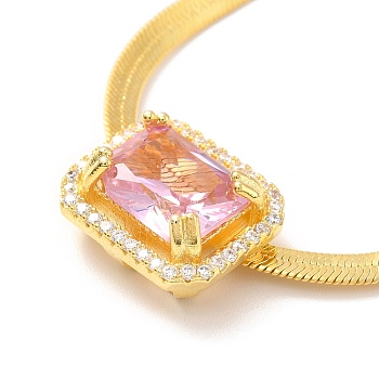 Pink Cubic Zirconia Rectangle Pendant Necklace with Flat Snake Chain for Women, Cadmium Free & Lead Free, Real 18K Gold Plated, 16.33 inch(41.5cm)
