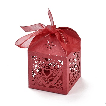 Laser Cut Paper Hollow Out Heart & Flowers Candy Boxes, Square with Ribbon, for Wedding Baby Shower Party Favor Gift Packaging, Crimson, 5x5x7.6cm