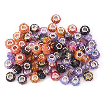 72Pcs 12 Colors Halloween Theme UV Plating Resin European Beads, Rondelle Large Hole Beads, with Platinum Tone Alloy Double Cores, Mixed Color, 13.5~14x8.5~9mm, Hole: 4.8~5mm, 6pcs/color 