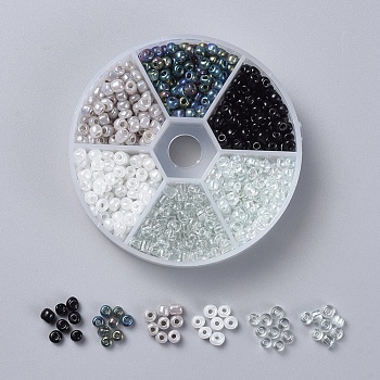 60g 6 Color 6/0 Glass Seed Beads, Opaque & Transparent Colours Rainbow & Ceylon & Transparent & Trans. Colours Lustered Beads, Round, Black and White, Hole: 1~1.5mm, 10g/color
