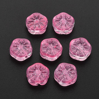 Transparent Glass Beads, Plum Blossom Flower, Hot Pink, 10x10.5x4mm, Hole: 1.2mm