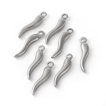 304 Stainless Steel Pendants, Horn of Plenty/Italian Horn Cornicello Charms, Stainless Steel Color, 18.5x4x2mm, Hole: 1.2~1.4mm