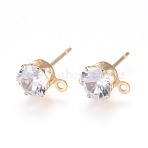 Brass Stud Earring Findings, Nickel Free, with 316 Surgical Stainless Steel Pin, Cubic Zirconia and Loop, Long-Lasting Plated, Flat Round, Real 14K Gold Plated, Clear, 8x6x5.5mm, Hole: 1mm, Pin: 0.7mm(KK-L199-B01-G)