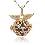 Golden Tone Brass Cage Pendants, Hollow Round with Wing, with No Hole Spray Painted Brass Round Ball Beads, DarkSlate Blue, 26x29x20mm, Hole: 3x8mm(KK-J213-08G)