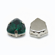 Sew on Rhinestone, Multi-strand Links, K9 Glass Rhinestone, with Platinum Tone Brass Prong Settings, Garments Accessories, Triangle, Emerald, 12.5x12x6mm, Hole: 0.8mm(RGLA-T134-12mm-07P)
