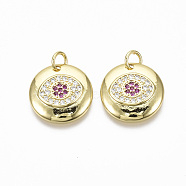 Brass Micro Pave Cubic Zirconia Pendants, with Jump Ring,  Nickel Free, Flat Round, Colorful, Real 18K Gold Plated, Camellia, 15x2.5mm, Hole: 3mm(KK-R133-021C-NF)