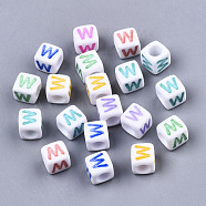 Opaque White Acrylic Beads, with Enamel, Horizontal Hole, Cube with Mixed Color Letter, Letter.W, 6x6x6mm, Hole: 3mm(X-SACR-R252-02W)