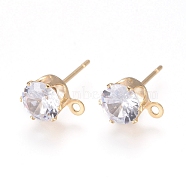 Brass Stud Earring Findings, with 316 Surgical Stainless Steel Pin, Cubic Zirconia and Loop, Long-Lasting Plated, Flat Round, Real 14K Gold Plated, Clear, 8x6x5.5mm, Hole: 1mm, Pin: 0.7mm(KK-L199-B01-G)