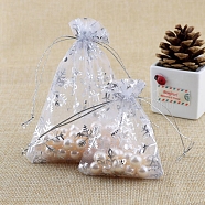 Christmas Printed Organza Drawstring Bags, Hot Stamping Snowflake Pouches, Rectangle, Silver, 13x9cm(XMAS-PW0001-233B-02)