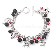 Halloween Natural Lava Rock and Glass Cable Chains Charm Bracelets, with Alloy Spider Skull Skeleton Pendants and Toggle Clasps, 7-1/2 inch(19.2cm)(BJEW-TA00476)