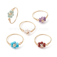 Flower Natural Gemstone Ring, Copper Wire Wrapped Ring for Women, Golden, Inner Diameter: 19~19.5mm(RJEW-JR00711-01)